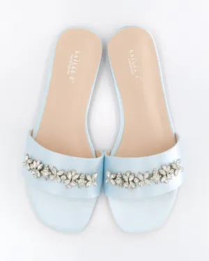 Satin Slip on Sandals with with Floral Rhinestones