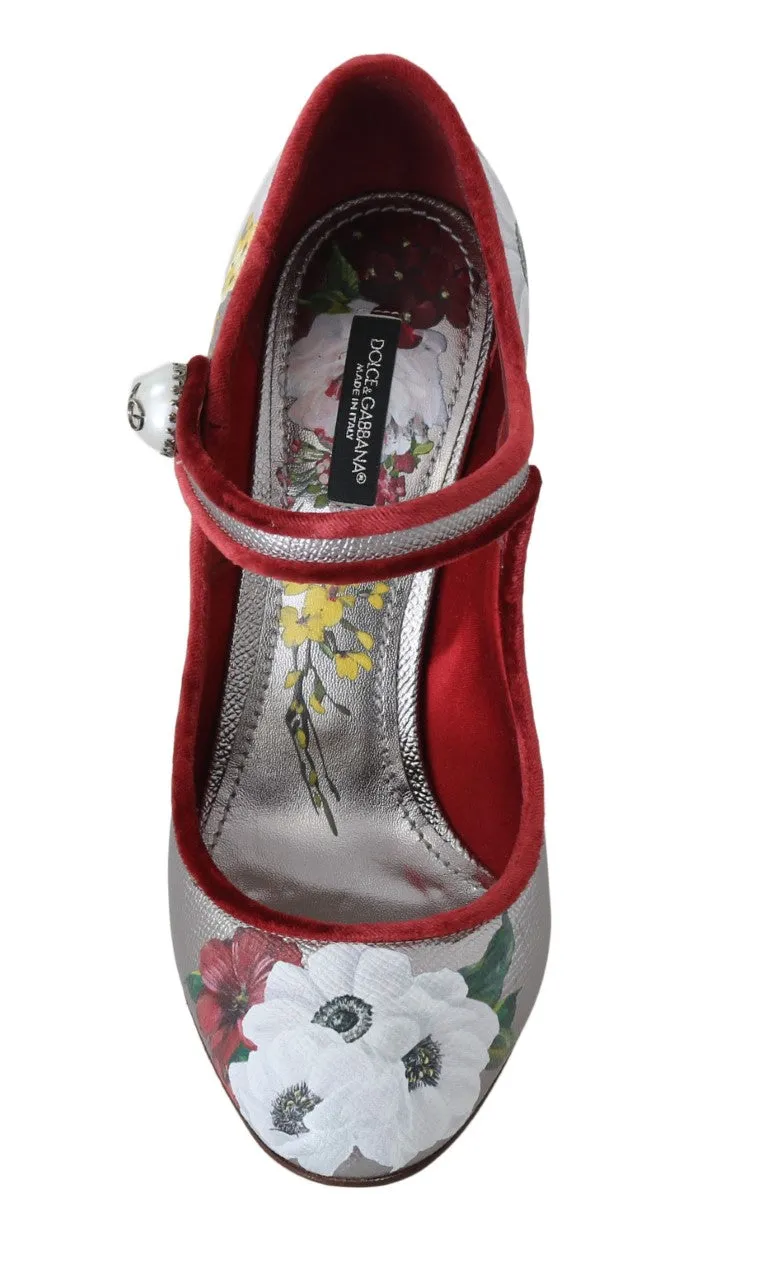 Silver Leather Floral Logo Mary Janes Shoes