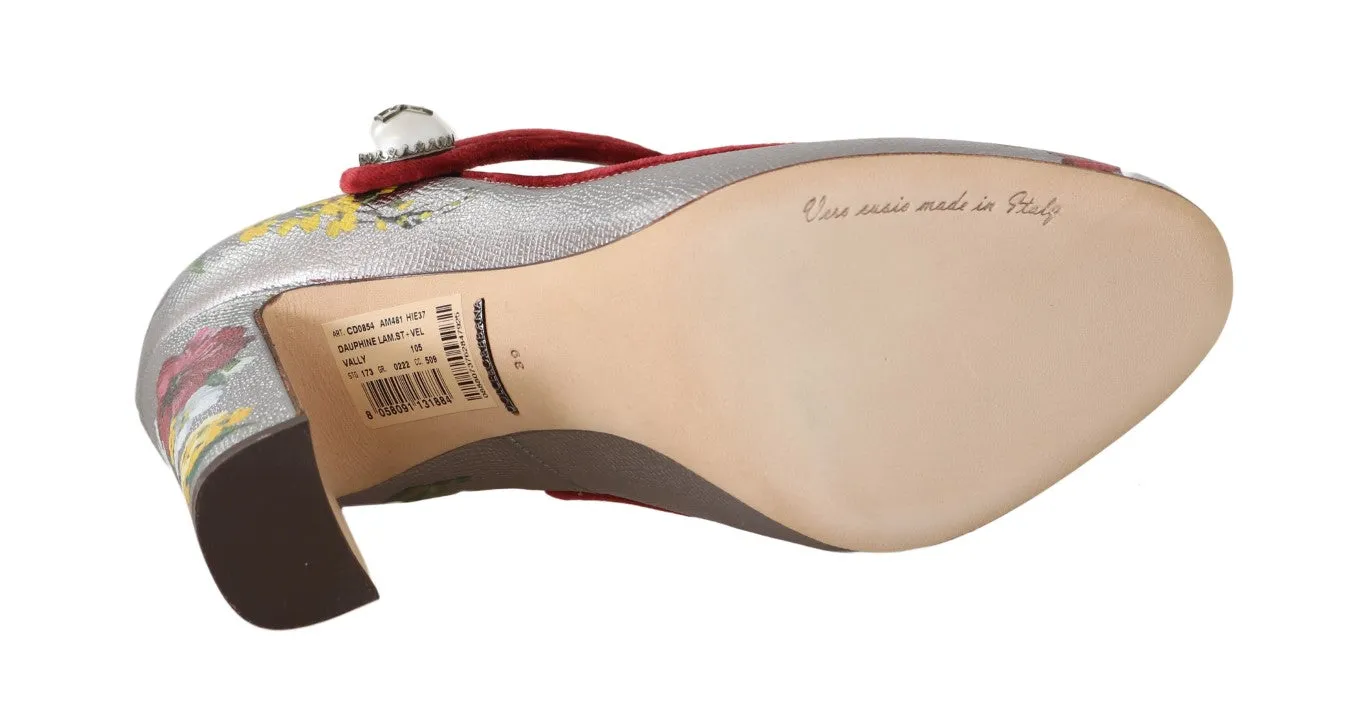 Silver Leather Floral Logo Mary Janes Shoes