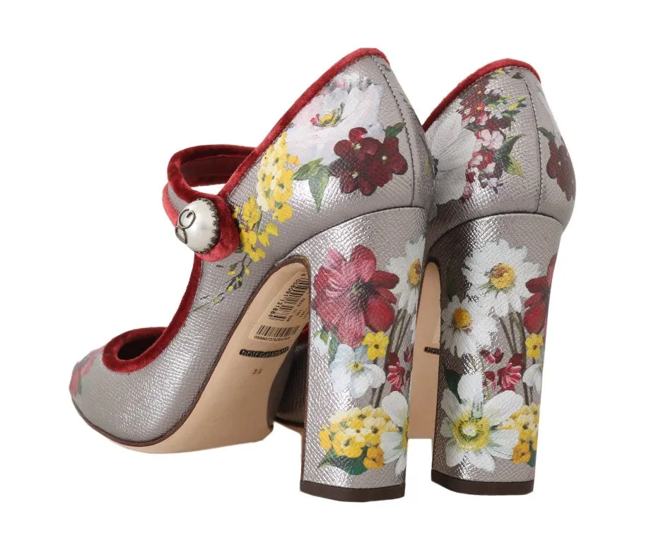 Silver Leather Floral Logo Mary Janes Shoes