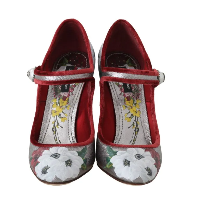 Silver Leather Floral Logo Mary Janes Shoes