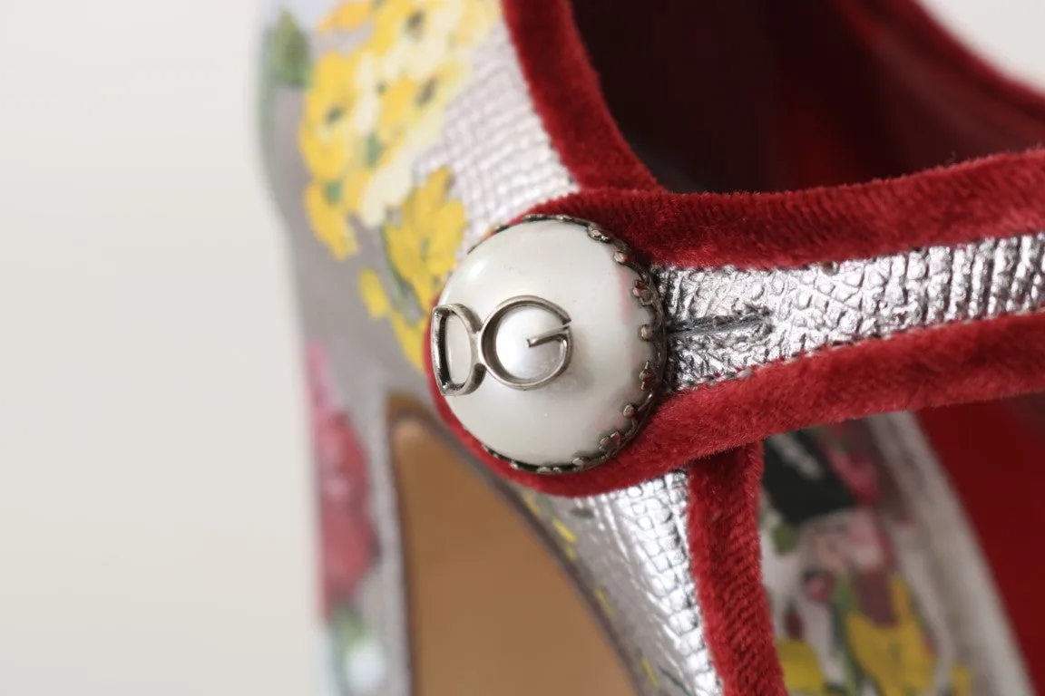 Silver Leather Floral Logo Mary Janes Shoes