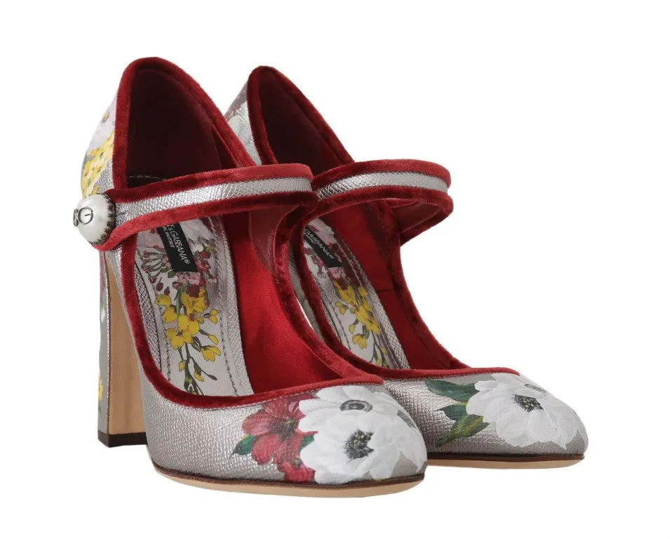 Silver Leather Floral Logo Mary Janes Shoes