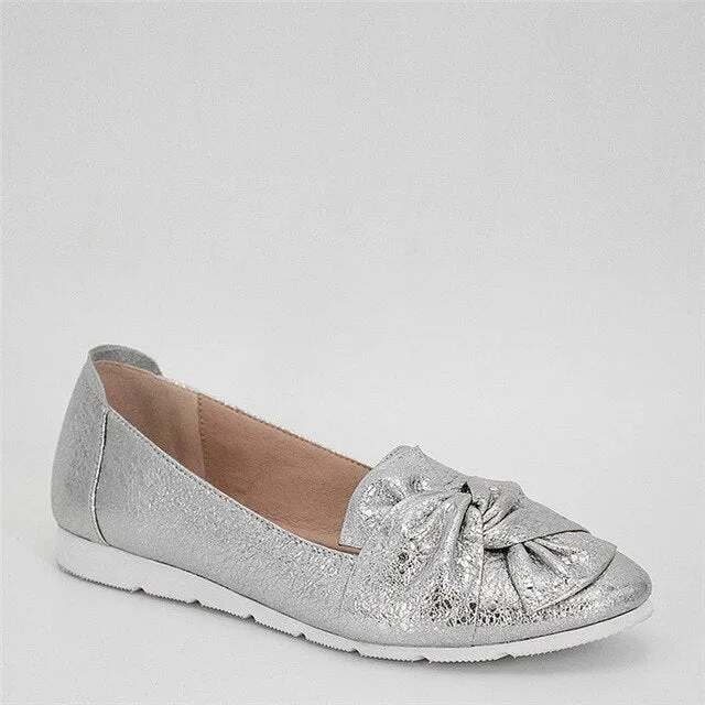 Soft Casual Flats Genuine Leather Flower Slip On Flats Dark Red Silver Grey Leisure Round Toe Shining Woman Shoes