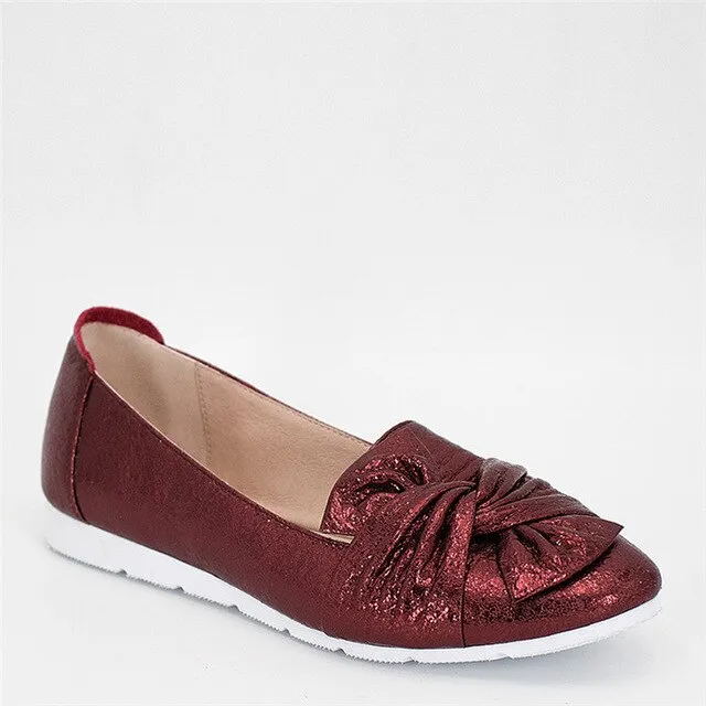 Soft Casual Flats Genuine Leather Flower Slip On Flats Dark Red Silver Grey Leisure Round Toe Shining Woman Shoes