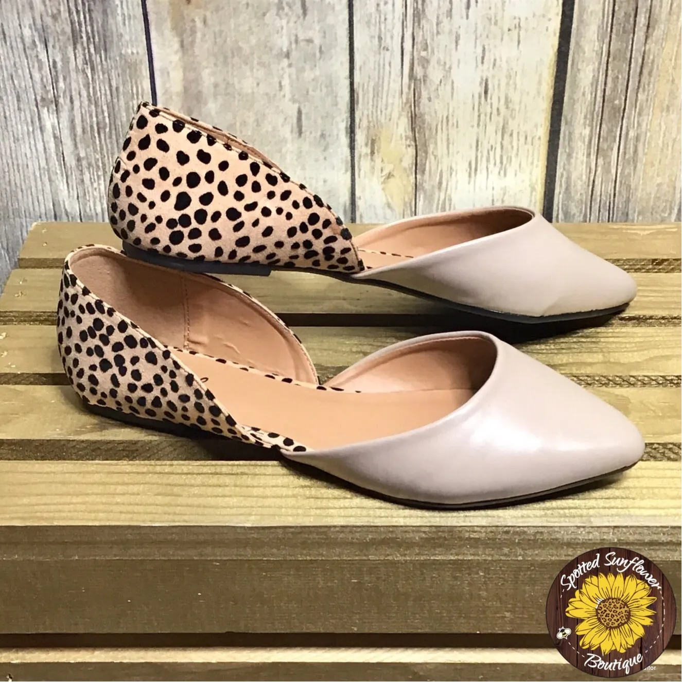 Spotted and Taupe Pointed Toe Flat