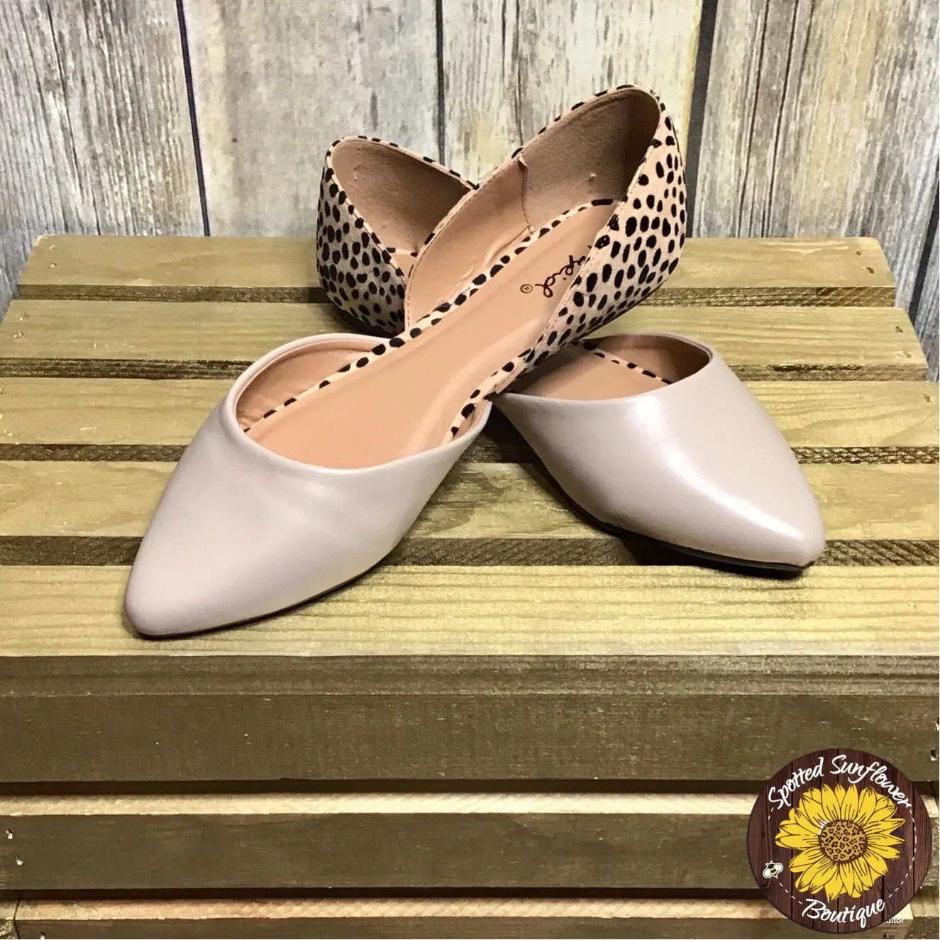 Spotted and Taupe Pointed Toe Flat