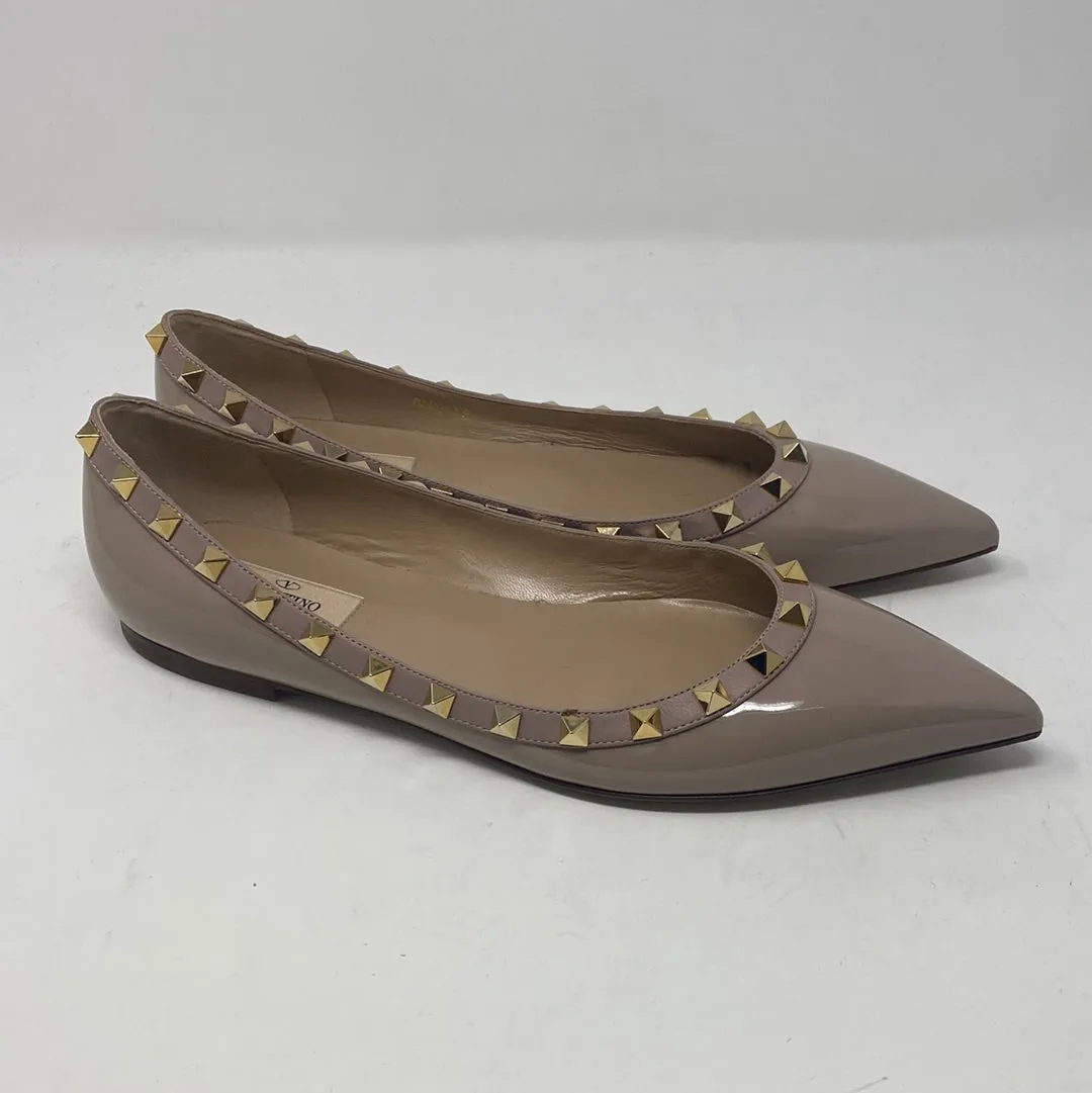 Valentino Beige Patent Leather Pointed Toe Rockstud Flats