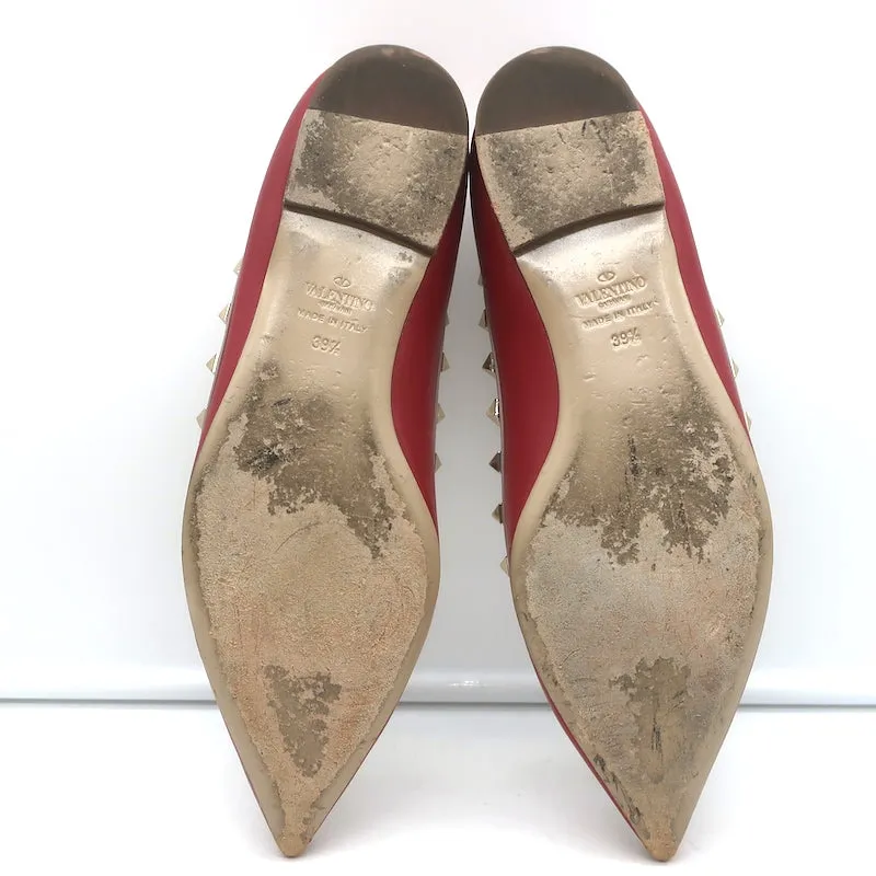 Valentino Rockstud Pointed Toe Ballet Flats Red Leather Size 39.5