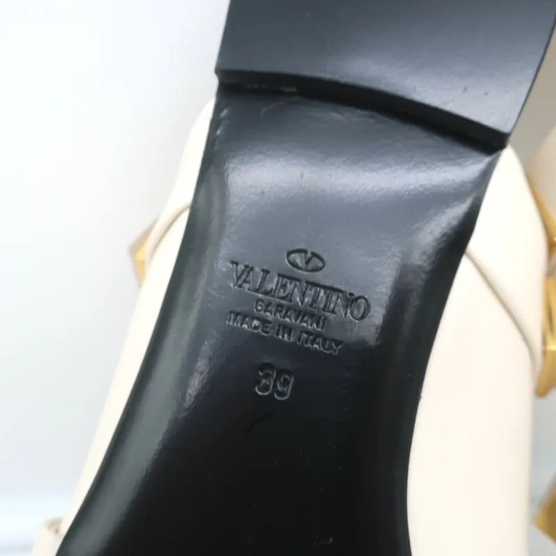 Valentino Roman Stud Mules Cream Leather Size 39 Pointed Toe Flats NEW