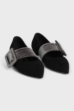 Victorian Black Suede Velvet Buckle Flat