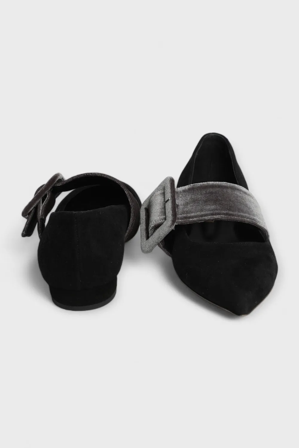 Victorian Black Suede Velvet Buckle Flat