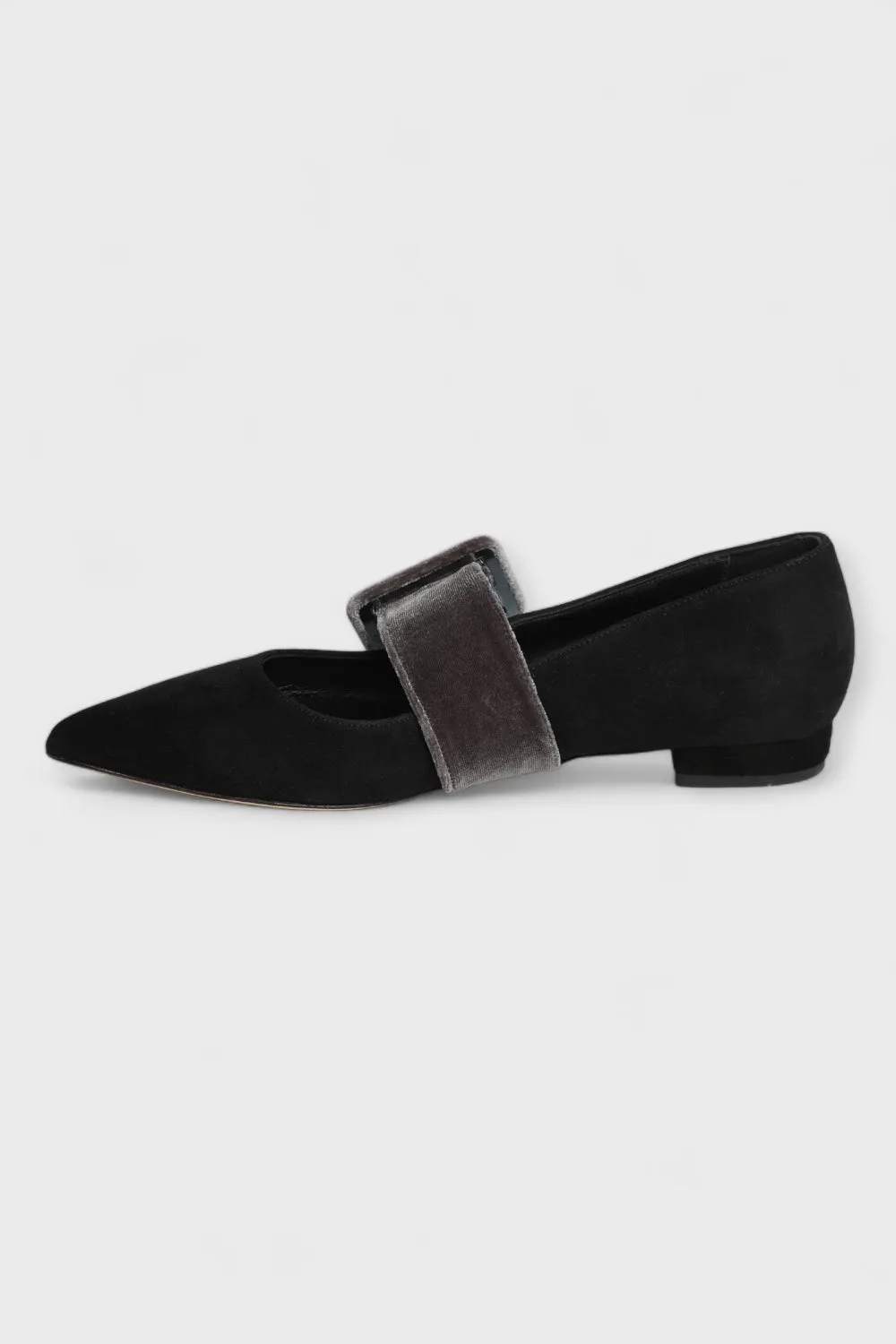 Victorian Black Suede Velvet Buckle Flat