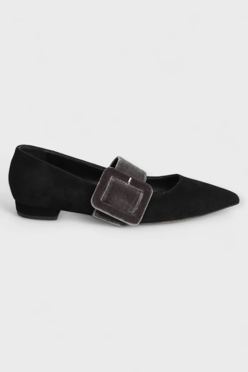 Victorian Black Suede Velvet Buckle Flat