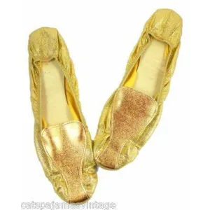 Vintage Shoes Fun Gold Metallic Flats Square Toe  Size 7-71/2 1950S