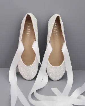White Glitter Flats with Satin Ties