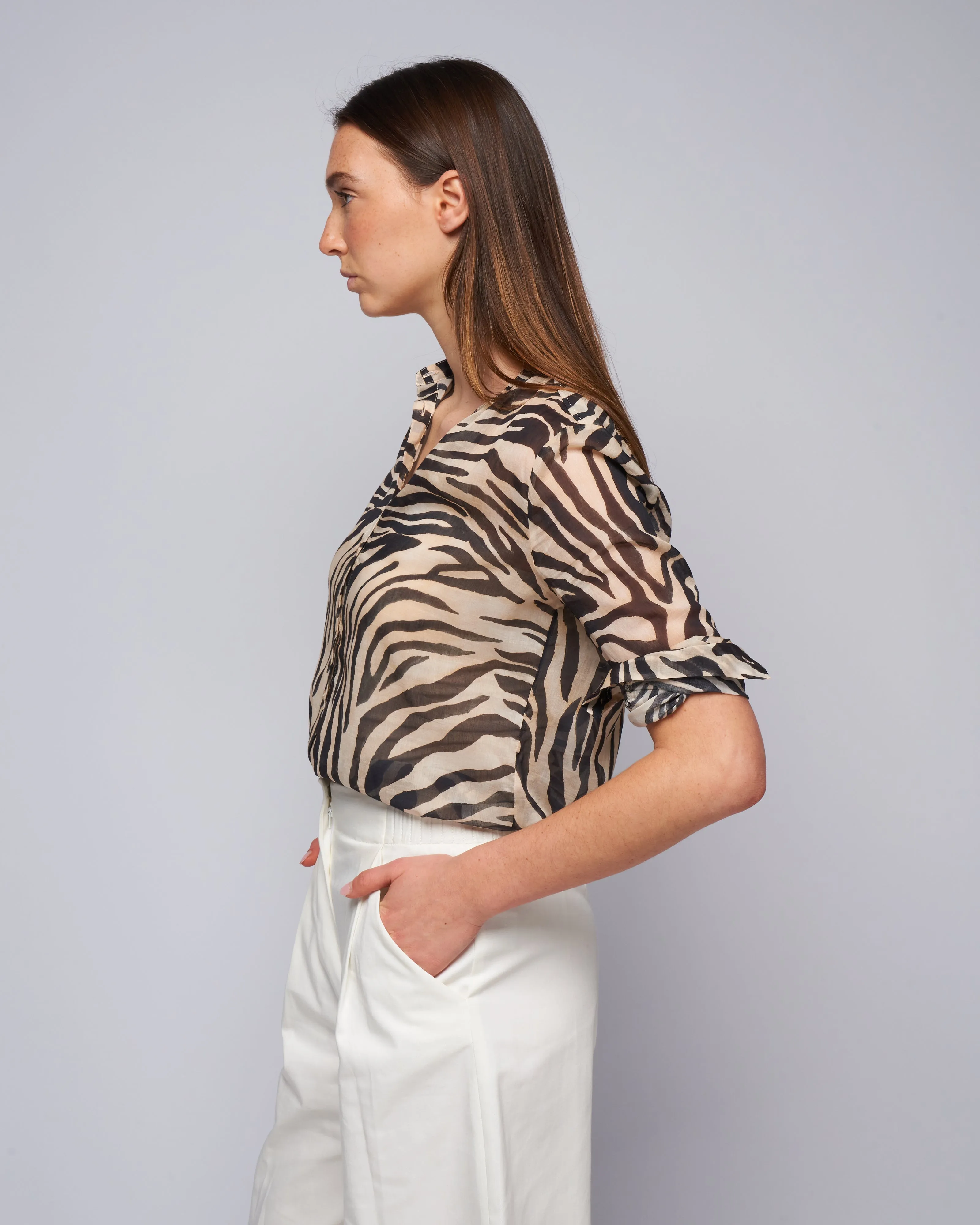 wild roses print voile grandfather shirt - noir