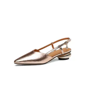 Women Sandals Pointed Toe Genuine Leather Thick Heels