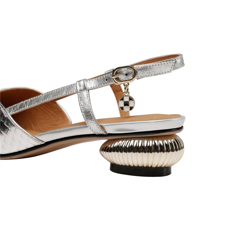 Women Sandals Pointed Toe Genuine Leather Thick Heels