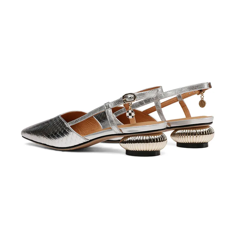 Women Sandals Pointed Toe Genuine Leather Thick Heels