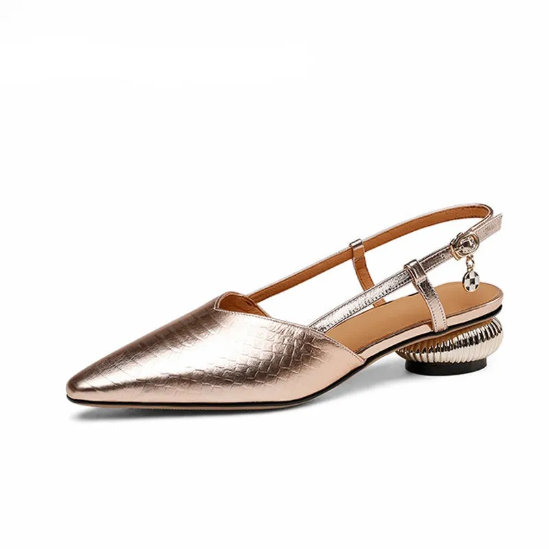 Women Sandals Pointed Toe Genuine Leather Thick Heels