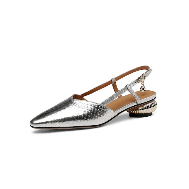 Women Sandals Pointed Toe Genuine Leather Thick Heels