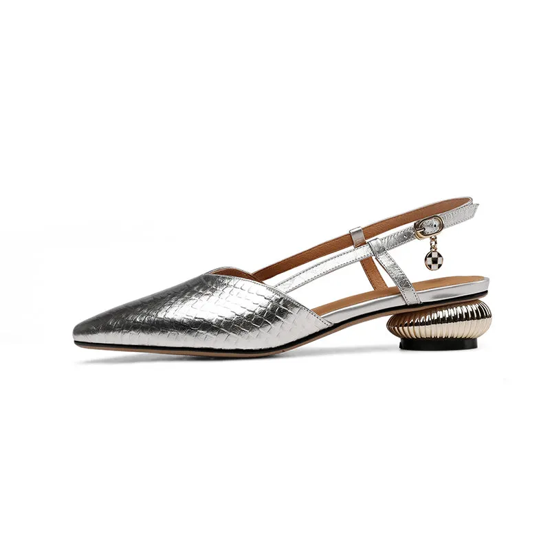 Women Sandals Pointed Toe Genuine Leather Thick Heels