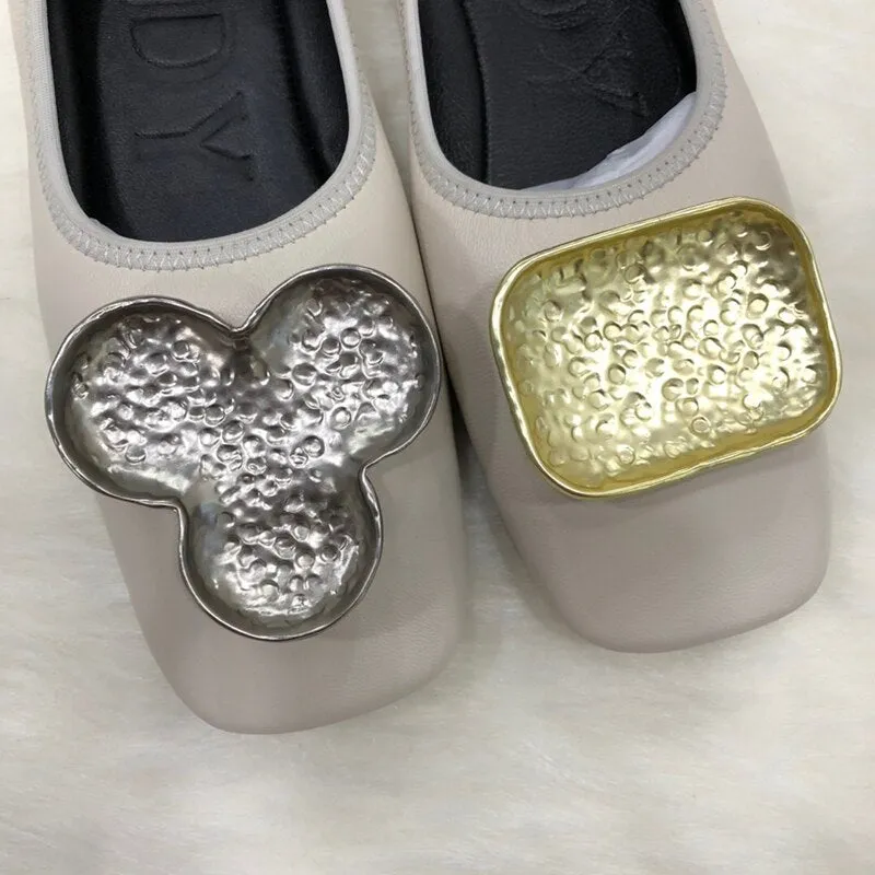 women top Genuine Leather leg ballet flat shoes metal letter decoration full sheepskin casual pregnant lazy shoes