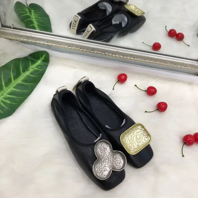 women top Genuine Leather leg ballet flat shoes metal letter decoration full sheepskin casual pregnant lazy shoes