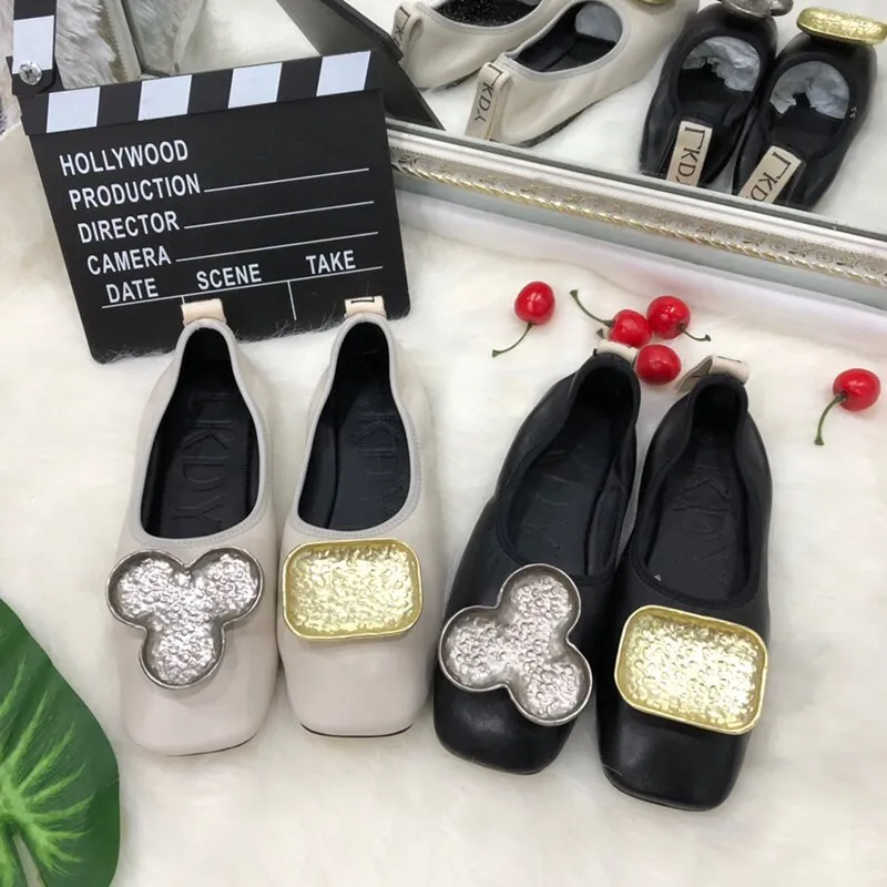women top Genuine Leather leg ballet flat shoes metal letter decoration full sheepskin casual pregnant lazy shoes