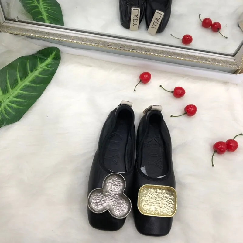 women top Genuine Leather leg ballet flat shoes metal letter decoration full sheepskin casual pregnant lazy shoes