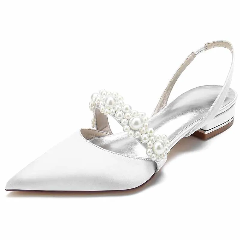 Women's Wedding Shoes Flats Comfort Bridal Shoes Rhinestone Flat Low Heel Slingback Shoes